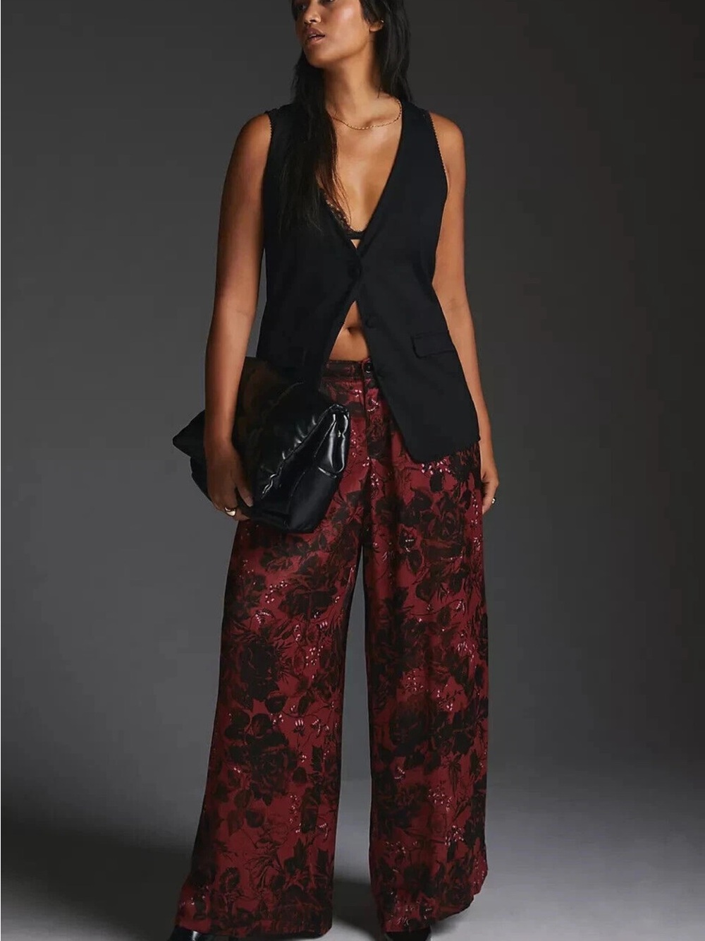 Anthropologie Printed Pleated Wide Leg Pants 12 Burgundy Black Floral